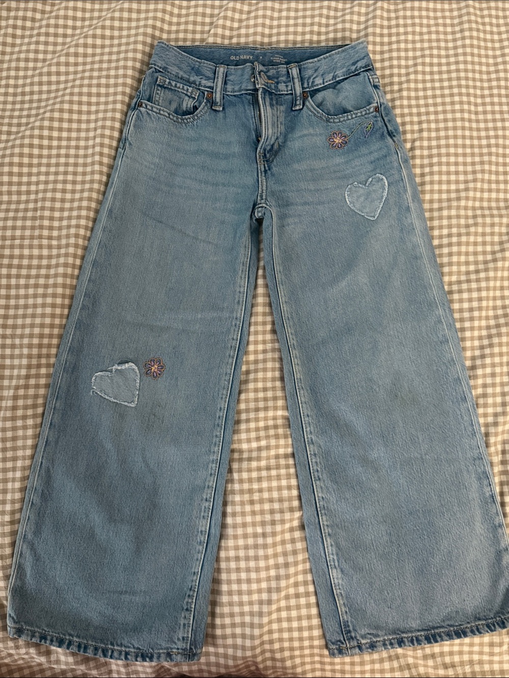 Old Navy Light Blue Wide-Leg Jeans with Heart Patches